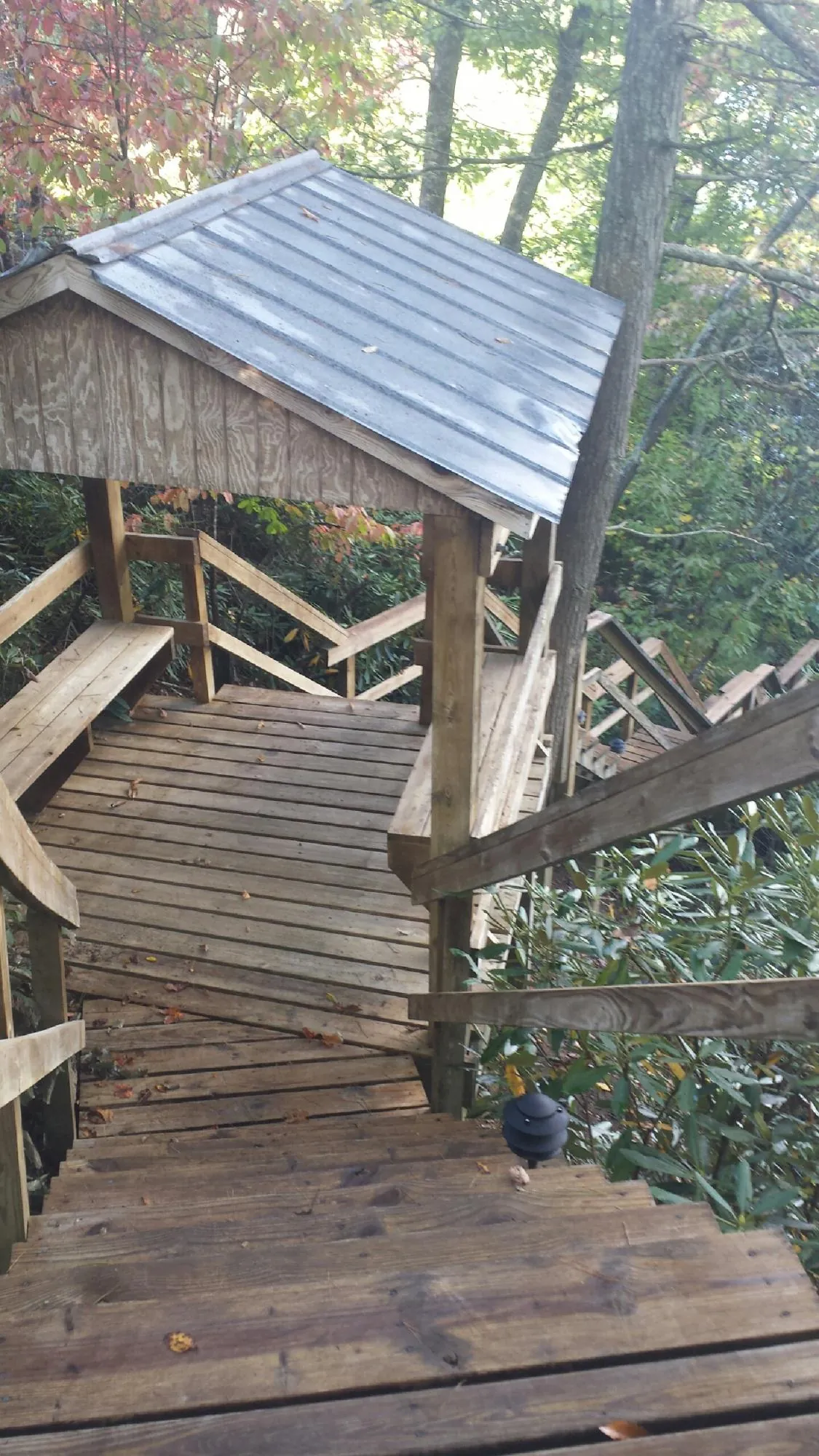 Metal roofed shelter over wooden steps on a wooded walkway — Skylight Repair & Installation work by our crew in Casnovia